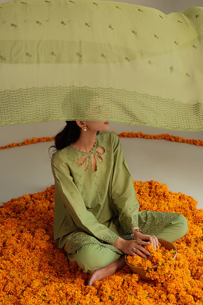 FLORET FRINGE-3PC CHIKAN KARI LAWN SUIT