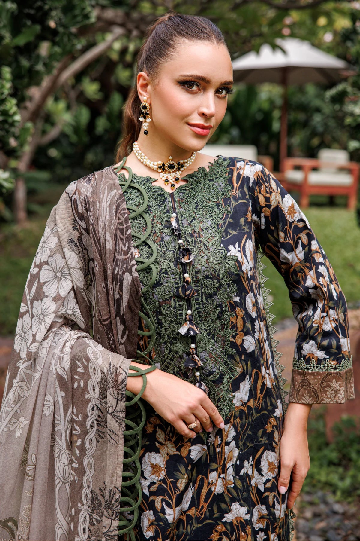 JADE FLORA COTTON SATIN 3PC BLACK SET