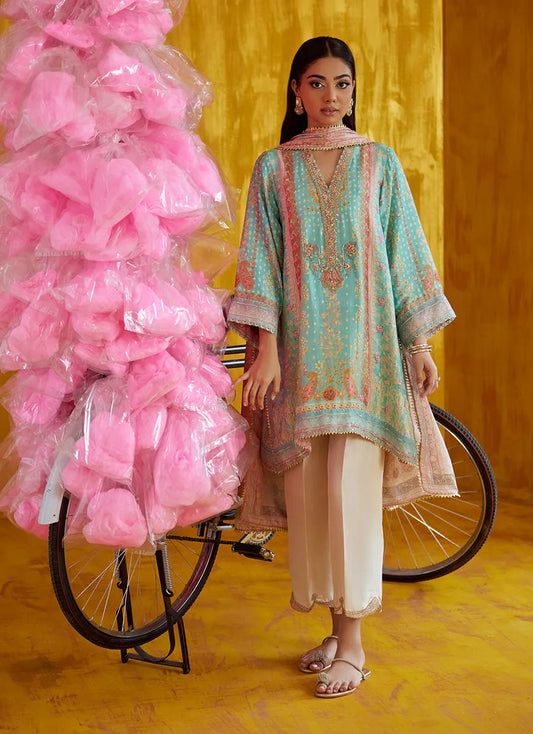 Farah Talib Aziz Mayna Festive Prints '25 - Juni Aqua Shirt And Dupatta