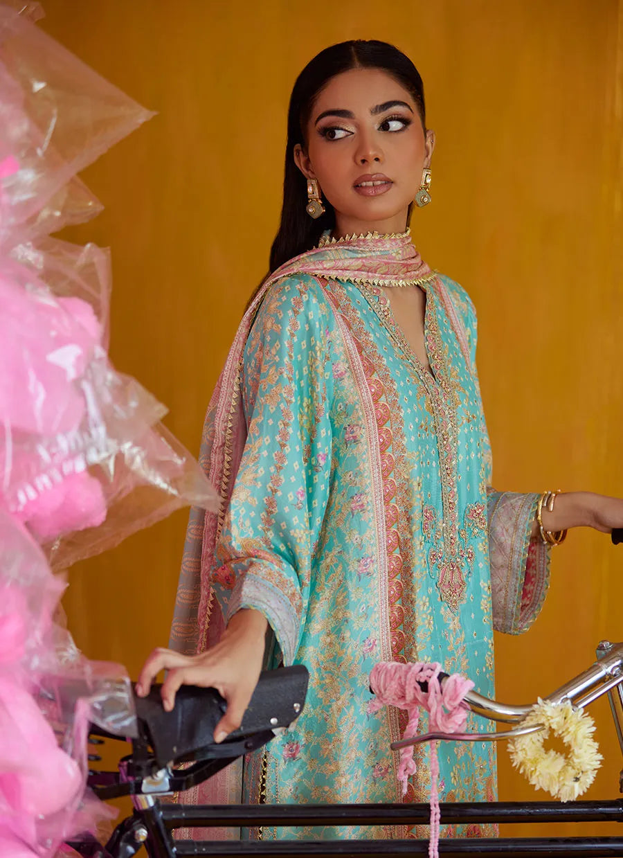 Farah Talib Aziz Mayna Festive Prints '25 - Juni Aqua Shirt And Dupatta
