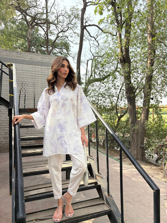 Sak Atelier Purple Tie & Dye Chickenkari Toby Tunic With Skinny Shalwar