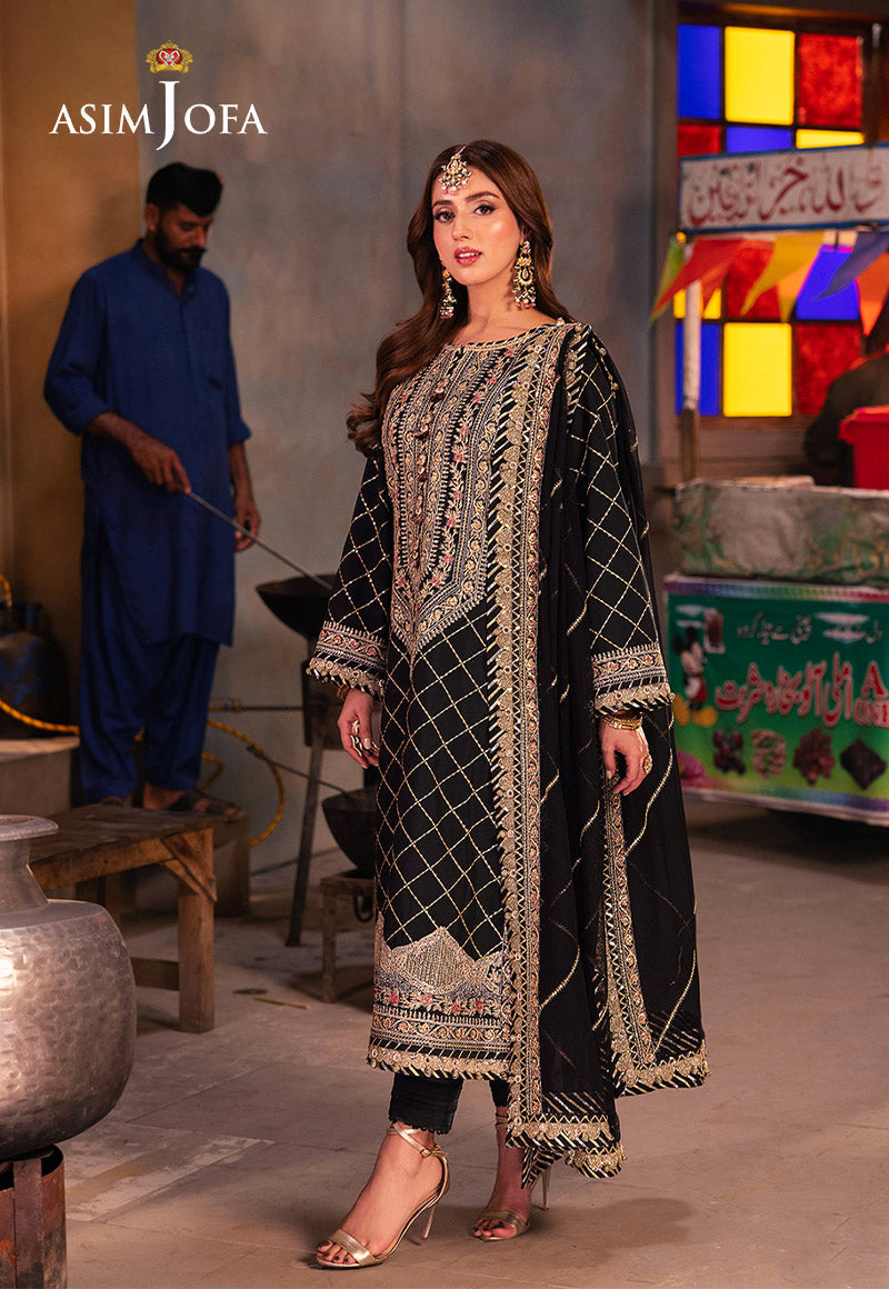 AJKK-02 EMBROIDERED TWISTED SILK 3 PCS BLACK SUIT-SET