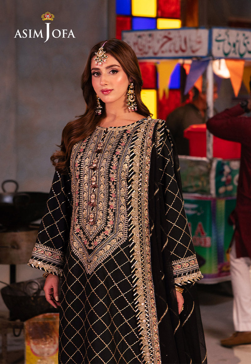 AJKK-02 EMBROIDERED TWISTED SILK 3 PCS BLACK SUIT-SET