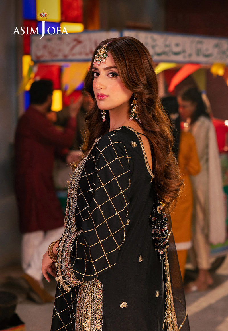 AJKK-02 EMBROIDERED TWISTED SILK 3 PCS BLACK SUIT-SET