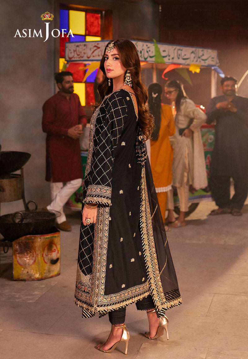 AJKK-02 EMBROIDERED TWISTED SILK 3 PCS BLACK SUIT-SET