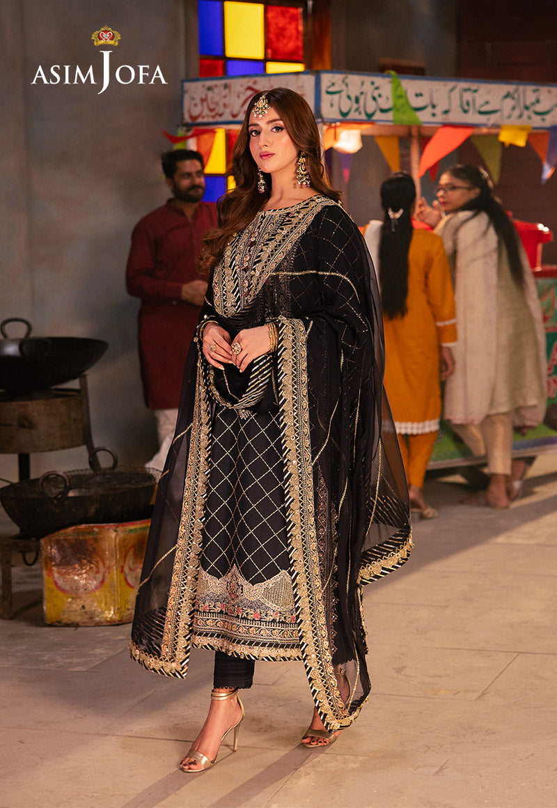 AJKK-02 EMBROIDERED TWISTED SILK 3 PCS BLACK SUIT-SET