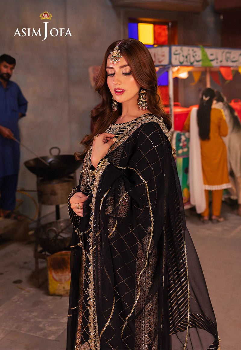 AJKK-02 EMBROIDERED TWISTED SILK 3 PCS BLACK SUIT-SET