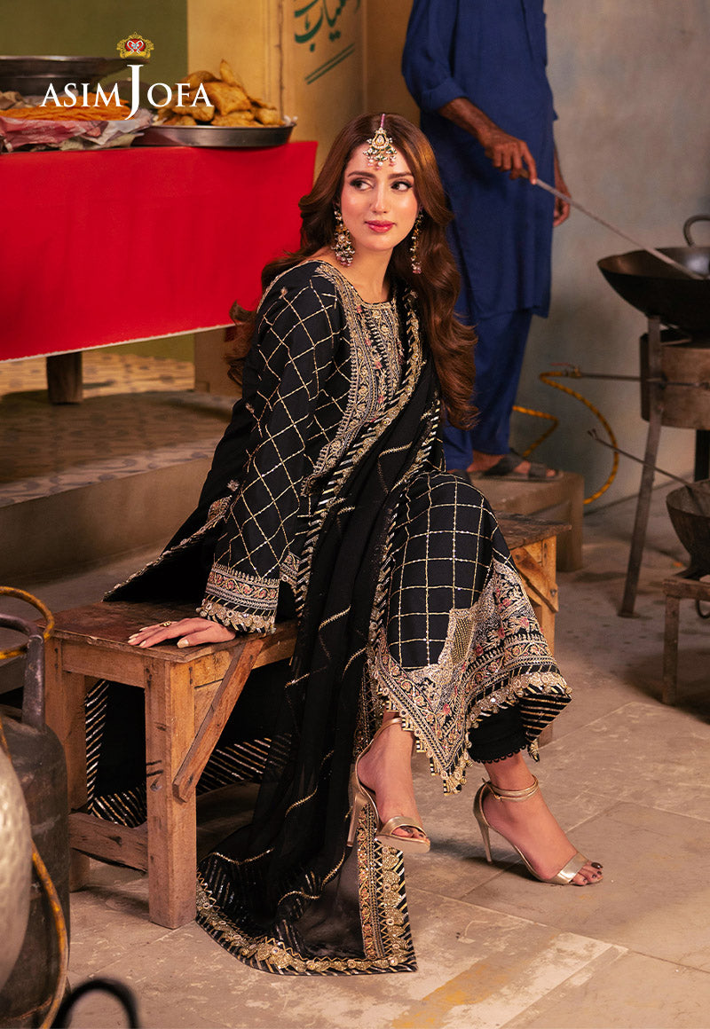 AJKK-02 EMBROIDERED TWISTED SILK 3 PCS BLACK SUIT-SET