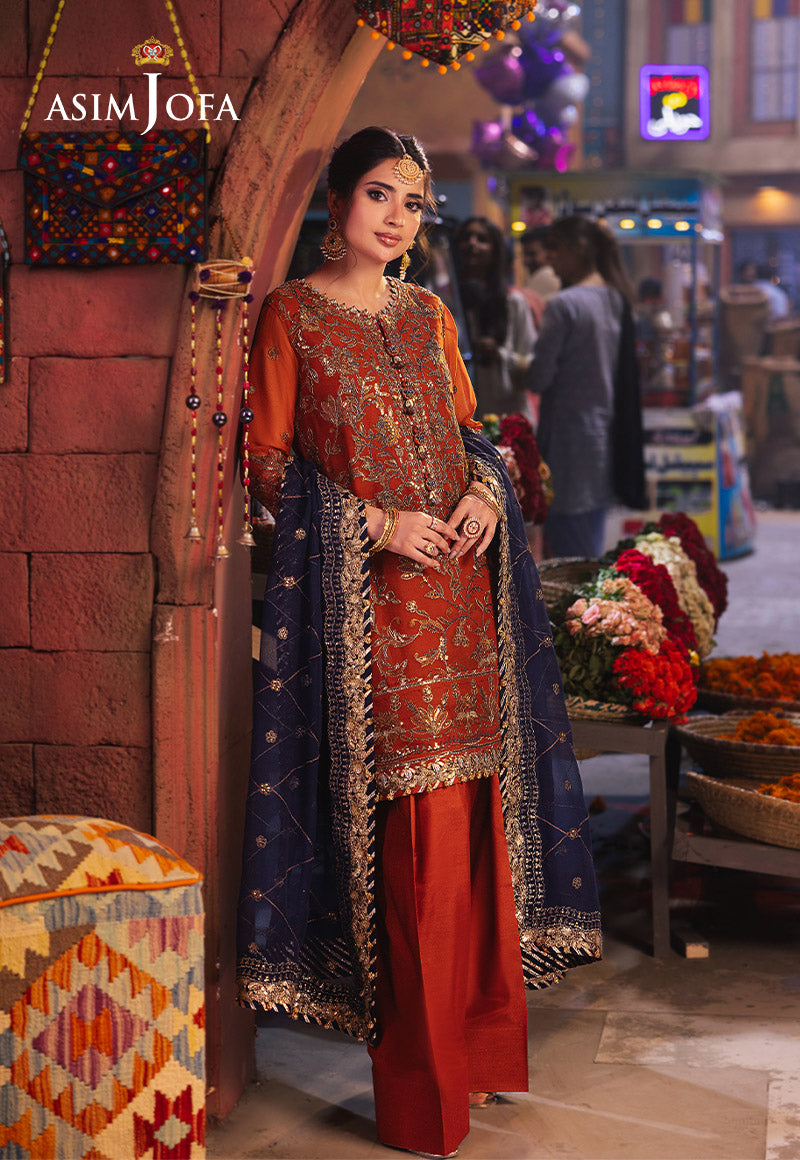 AJKK-10 EMBROIDERED CHIFFON 3 PCS RUST SUIT-SET