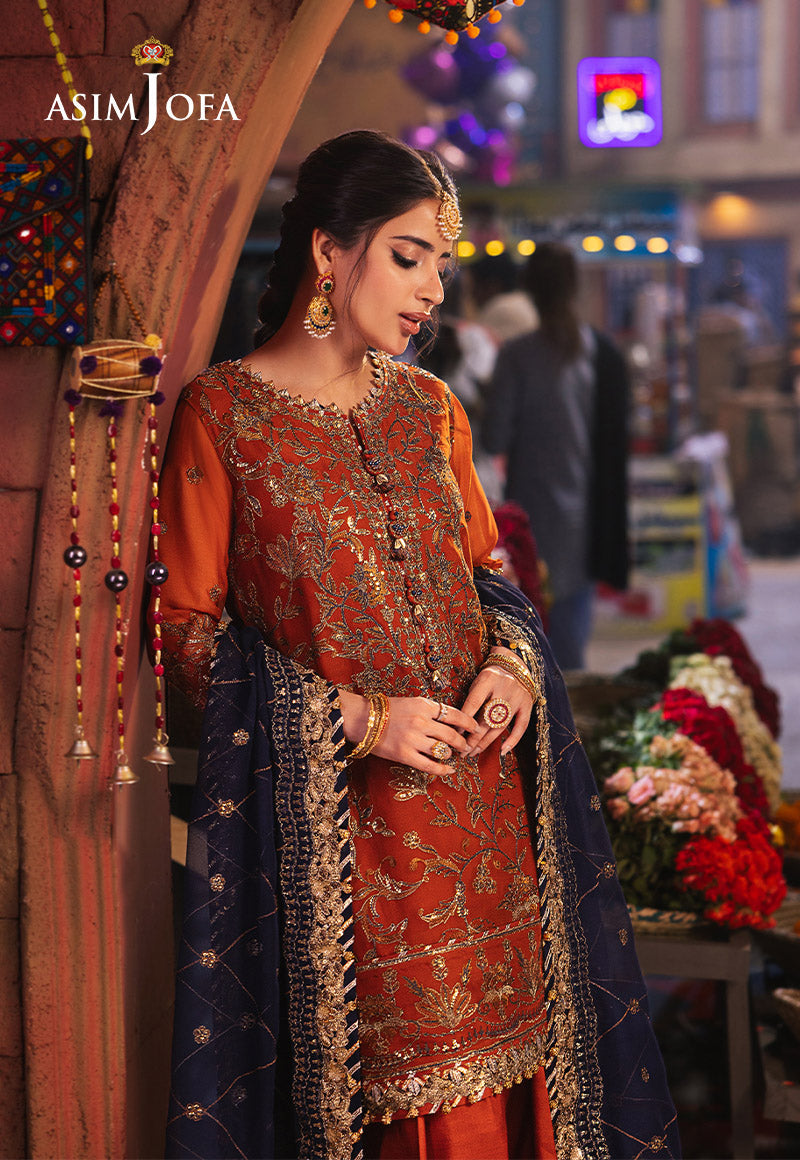 AJKK-10 EMBROIDERED CHIFFON 3 PCS RUST SUIT-SET