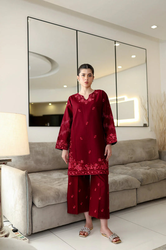 Zaib Staycation '25 - DEEP MAROON LUXURY EMBROIDERED 2PCS SET (NPA2-25307)