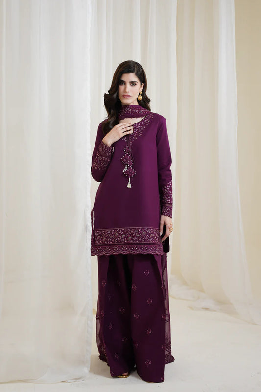 Zaib SS Eid Pret '25- BURGUNDY PLUM FARSHI LUXURY EMBROIDERED 3PCS SET NPA3-25425