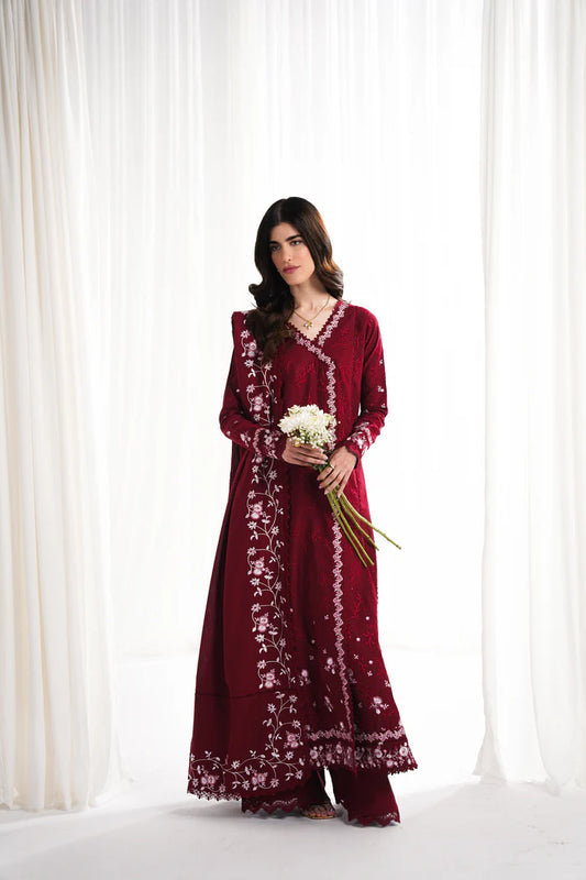 Zaib SS Eid Pret '25- RICH DEEP MAROON LUXURY EMBROIDERED 3PCS SET NPA3-25416