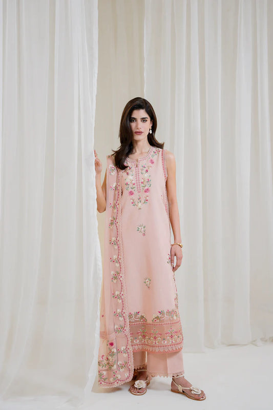Zaib SS Eid Pret '25- PEACHY PINK LUXURY EMBROIDERED 3PCS SET NPA3-25423