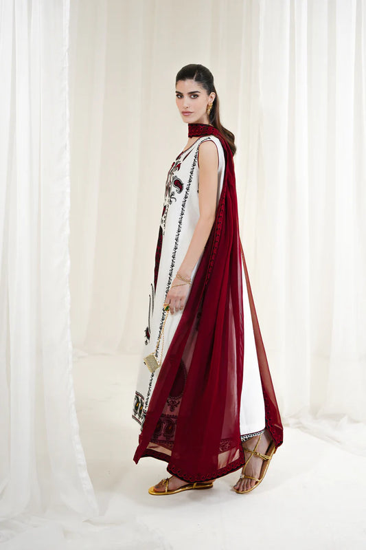 Zaib SS Eid Pret '25- WHITE-MAROON LUXURY EMBROIDERED 3PCS SET NPA3-25426