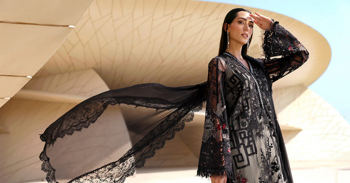 3 Piece Unstitched Embroidered Net Suit In Stock BARCODE:D-2607-B