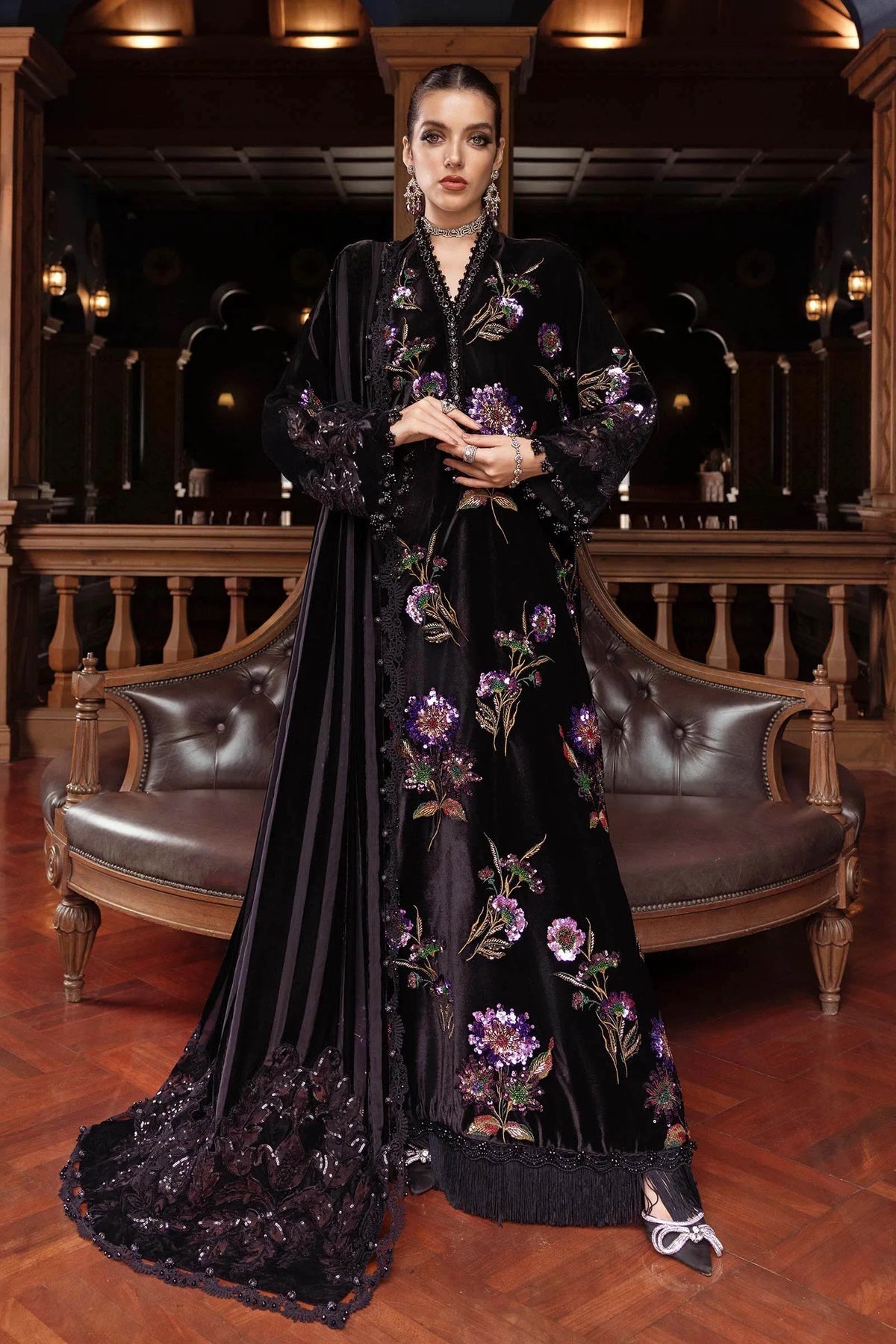 embroidered velvet dress 2-Piece Dark Fairy Butterfly Embroidered Velvet Dress with Choker main image 0
