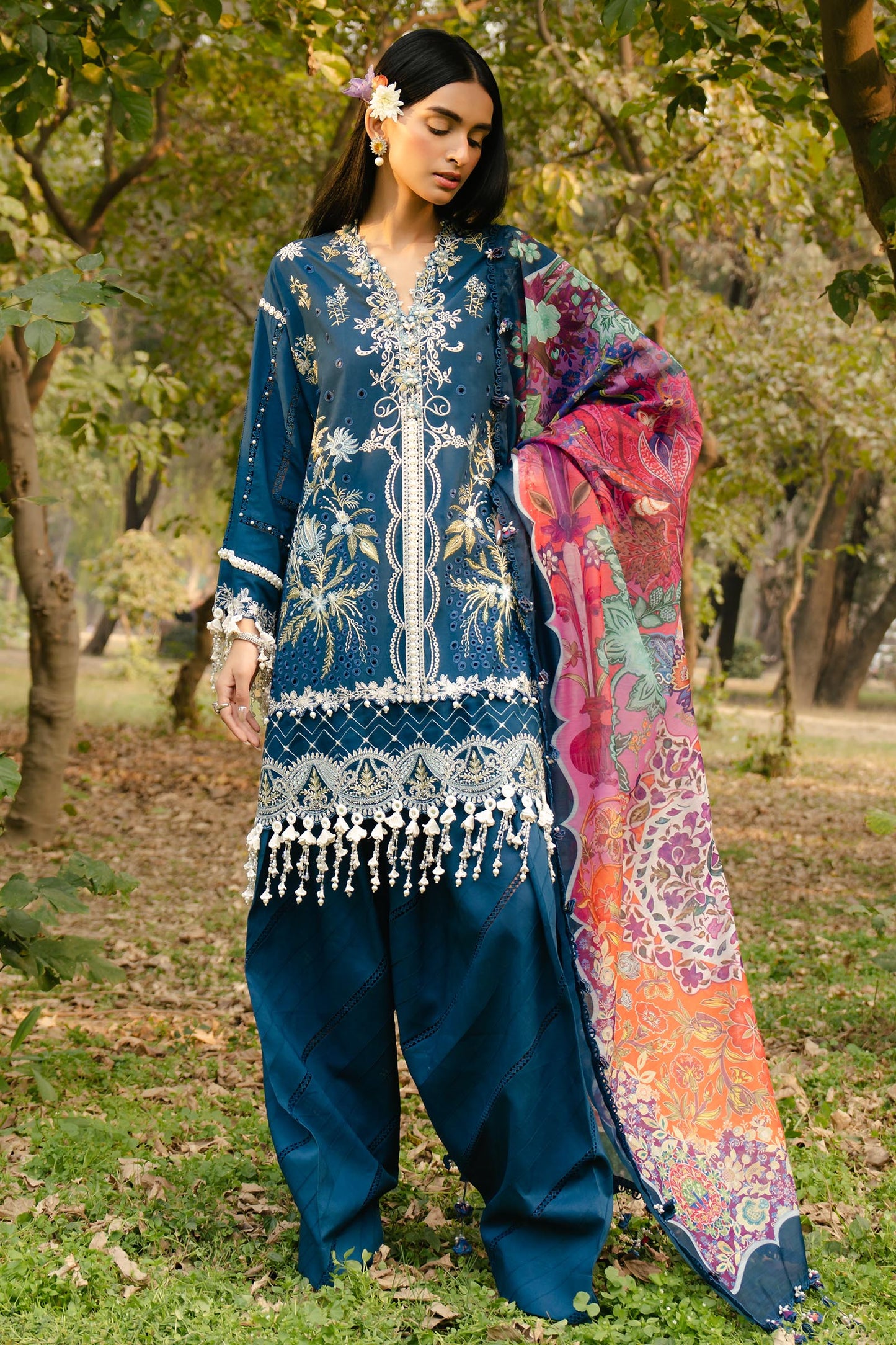 Unstitched Lawn 3 Piece Suit - Navy Blue