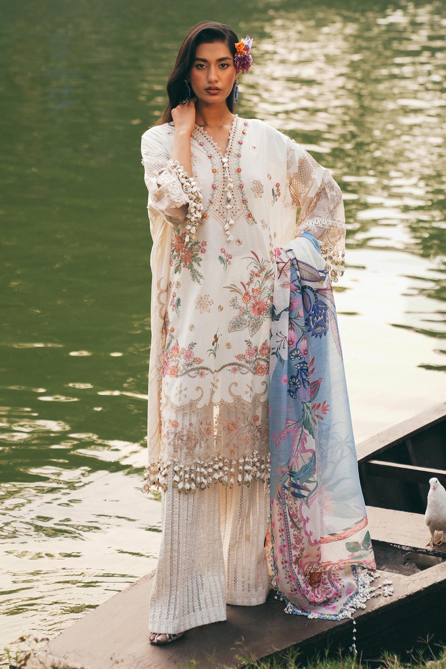 Unstitched Lawn 3 Piece Floral Suit - White