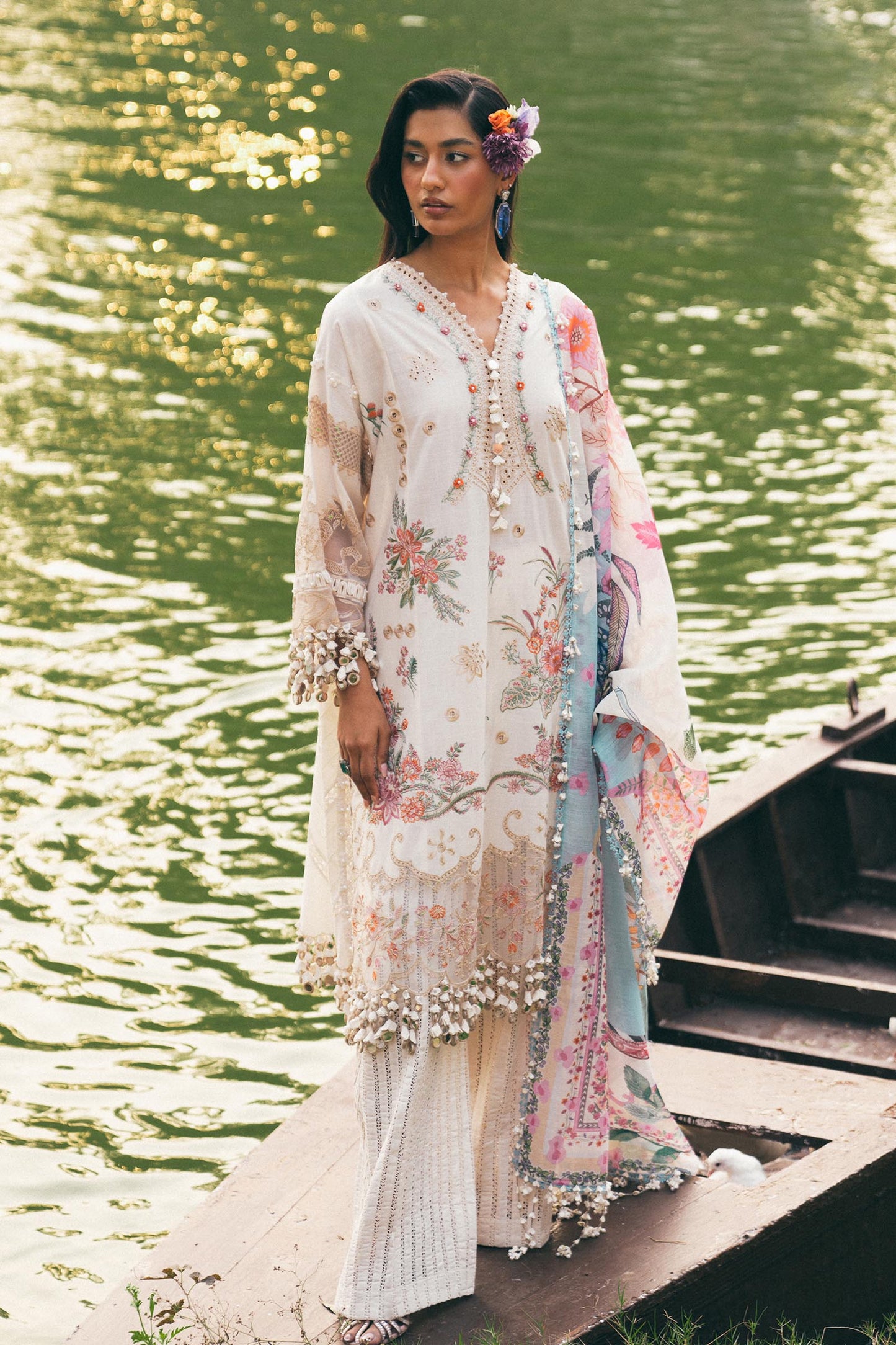 Unstitched Lawn 3 Piece Floral Suit - White
