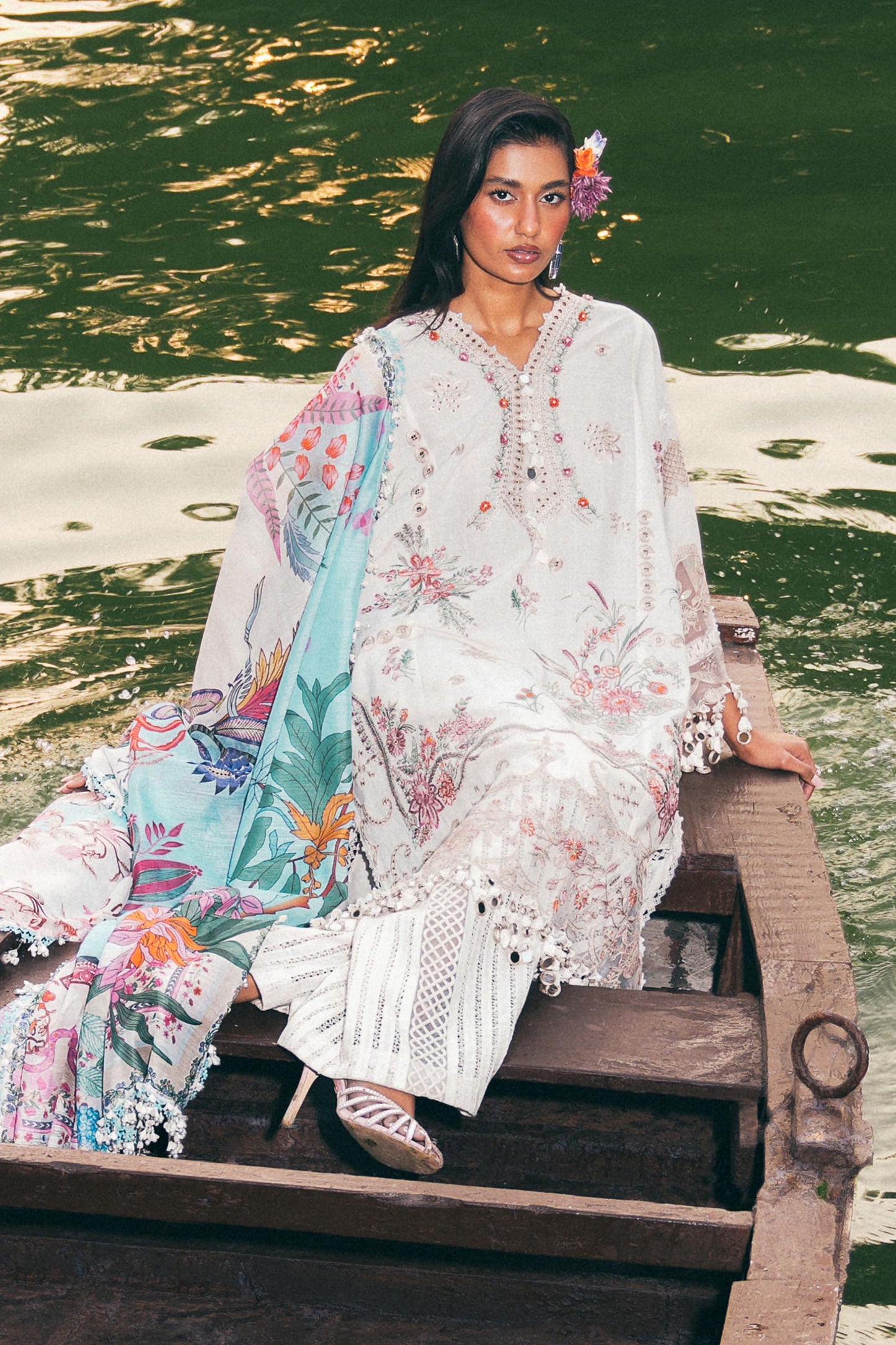 Unstitched Lawn 3 Piece Floral Suit - White