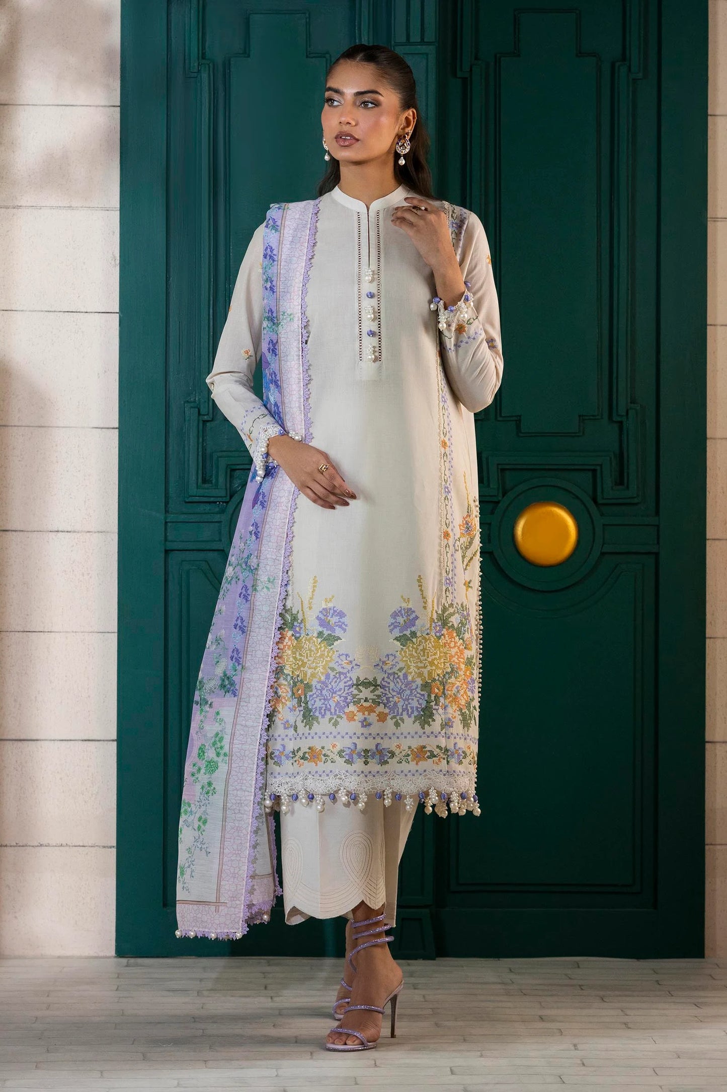 Unstitched 3 Piece Lawn Suit - Off White