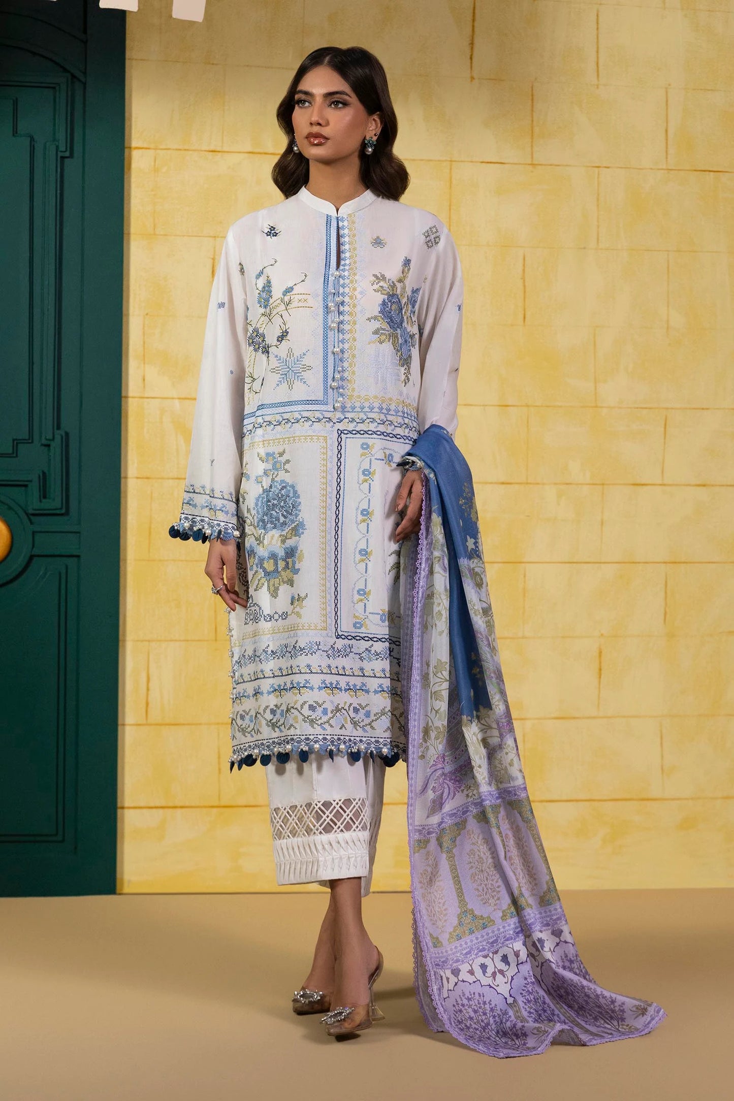 Unstitched 3 Piece Lawn Suit - White Floral