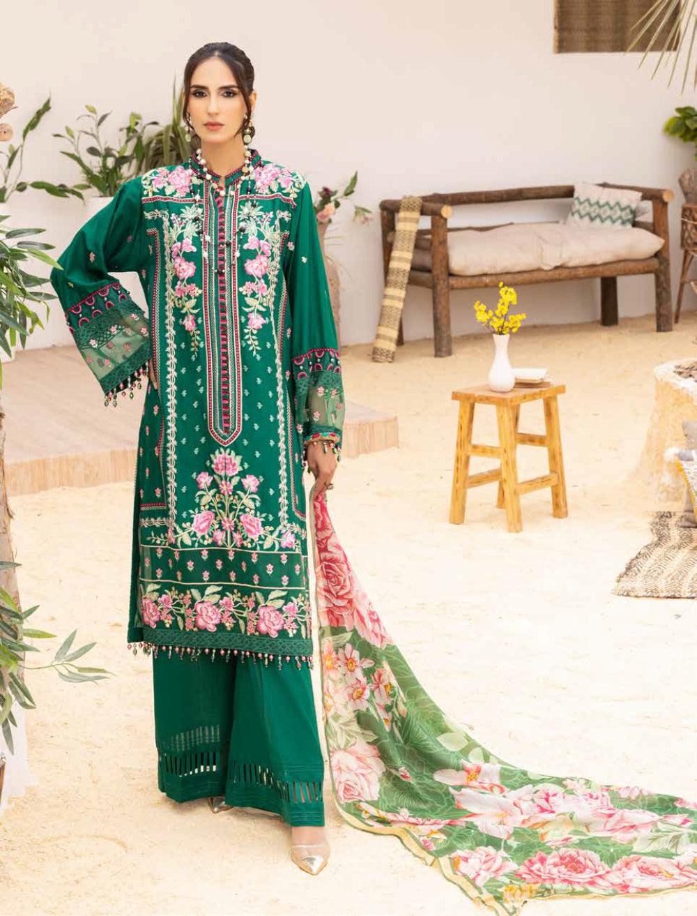 Adan's Libas Muzayyan Unstitched Lawn Collection 2023 – Dark Green Suit Set