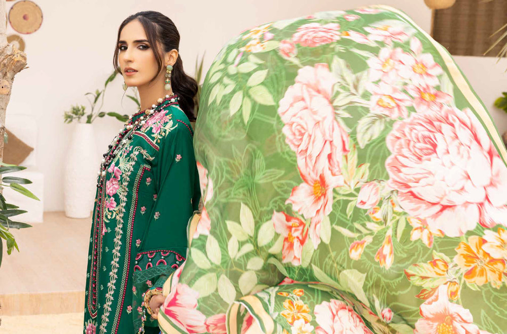 Adan's Libas Muzayyan Unstitched Lawn Collection 2023 – Dark Green Suit Set