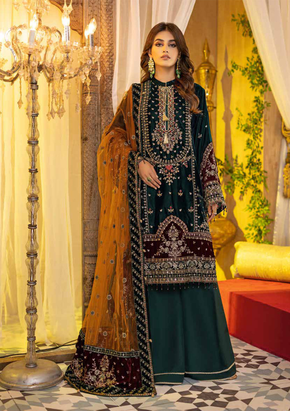 Adan's Libas Embroidered Velvet Collection Green Suit-Set