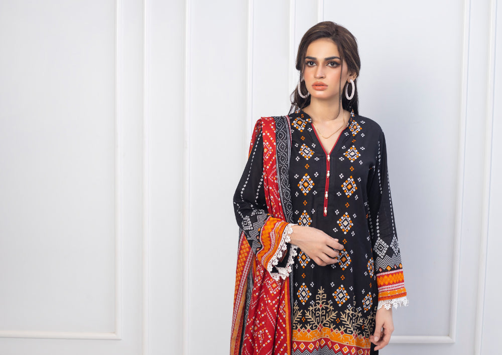 Erum Misha Printed Lawn Collection Black Suit-Set