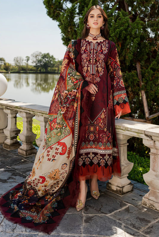 Jade By Queen's Court Embroidered Lawn Collection - Maroon Suit Set