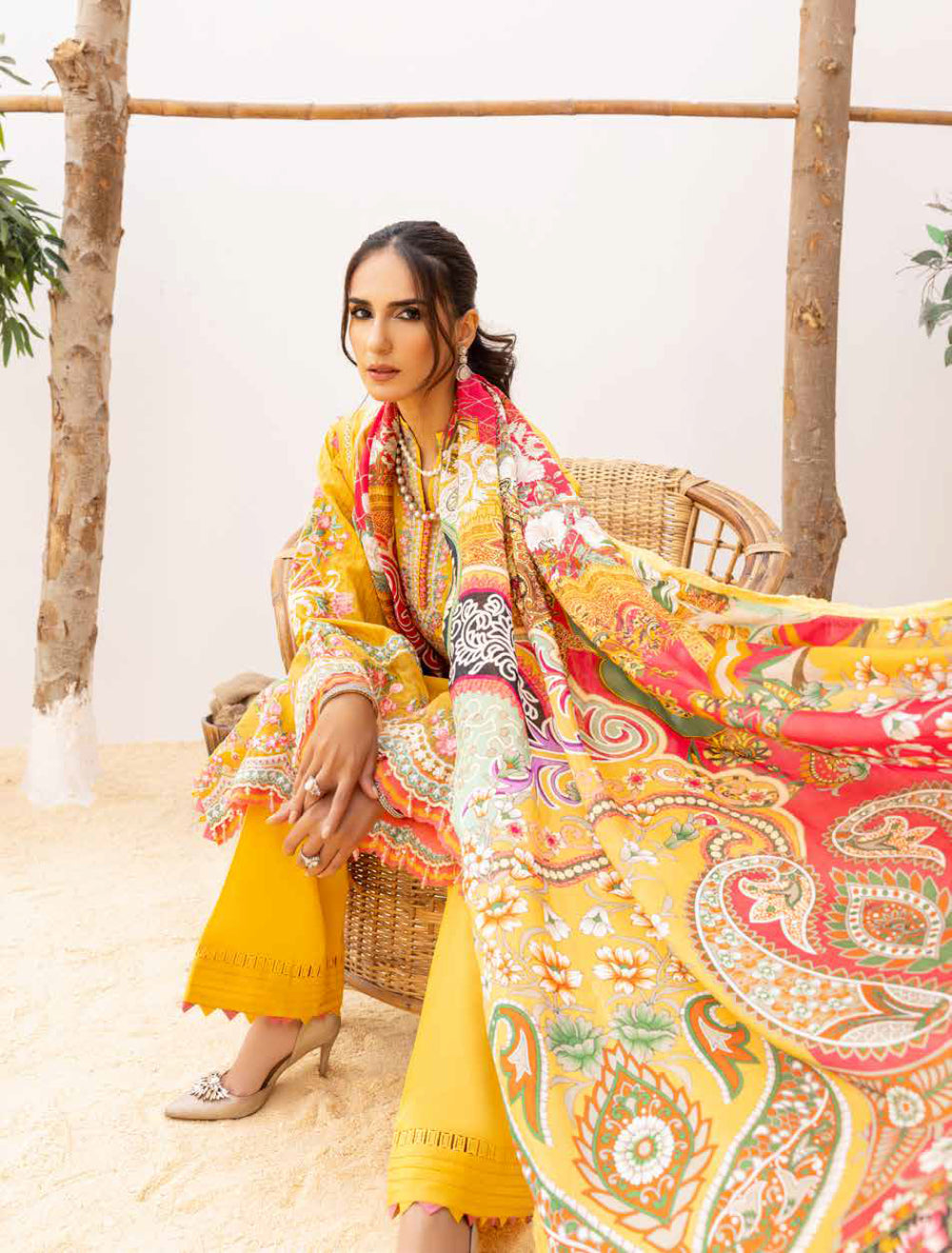 Adan's Libas Muzayyan Unstitched Lawn Collection 2023 – Yellow Suit Set