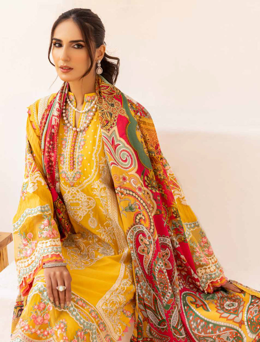 Adan's Libas Muzayyan Unstitched Lawn Collection 2023 – Yellow Suit Set