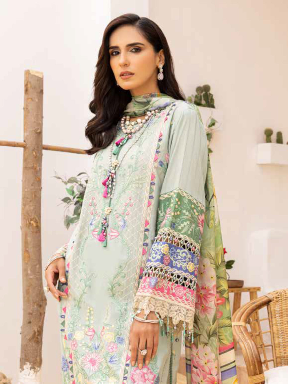 Adan's Libas Muzayyan Unstitched Lawn Collection 2023 – Pista Green Suit Set