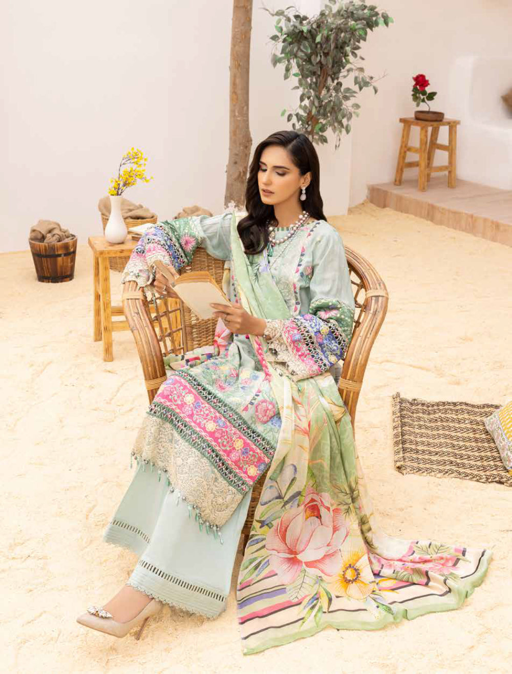 Adan's Libas Muzayyan Unstitched Lawn Collection 2023 – Pista Green Suit Set
