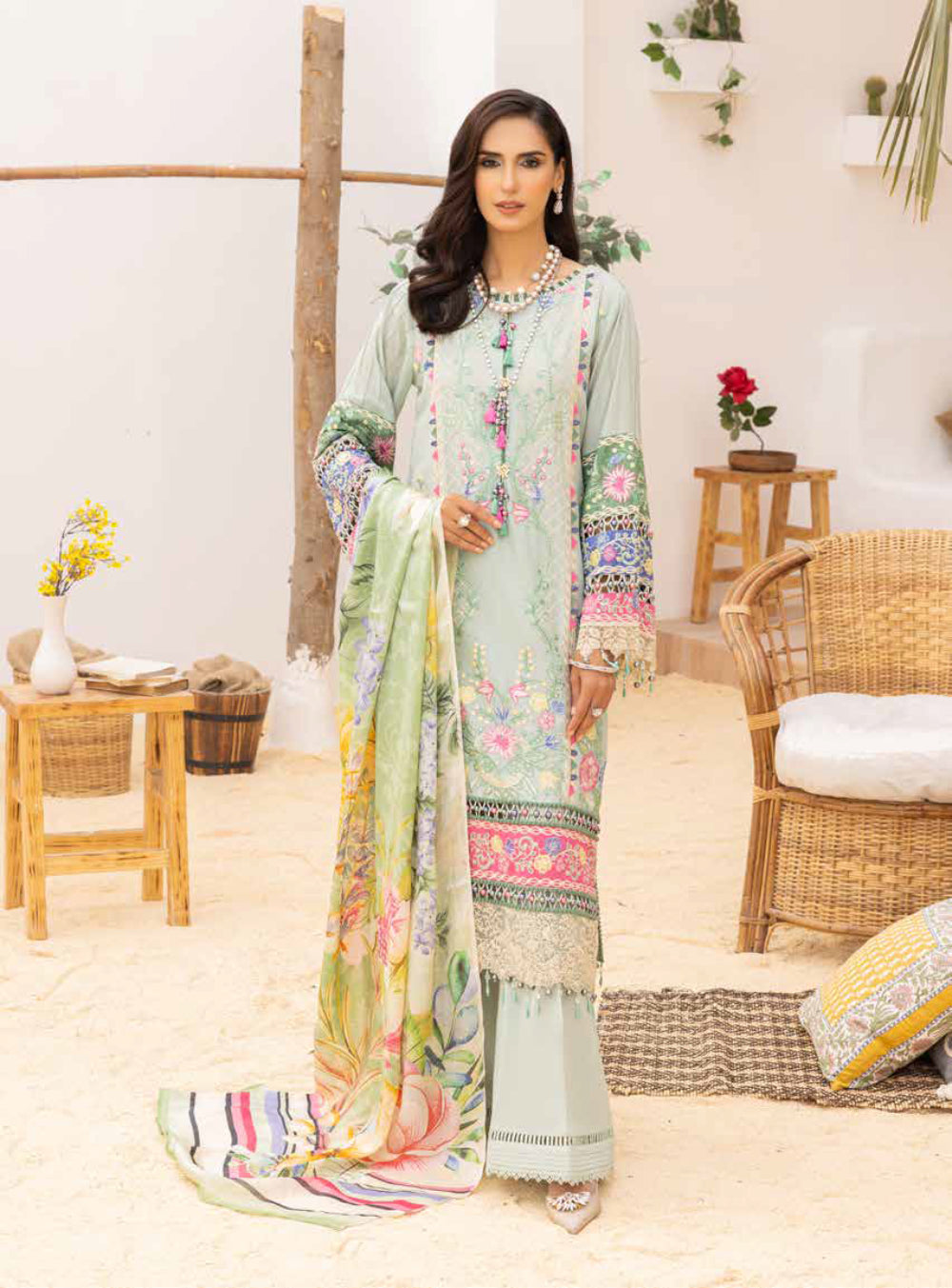 Adan's Libas Muzayyan Unstitched Lawn Collection 2023 – Pista Green Suit Set