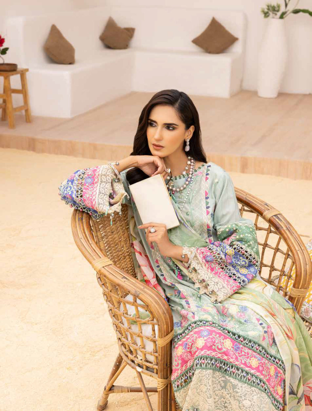 Adan's Libas Muzayyan Unstitched Lawn Collection 2023 – Pista Green Suit Set