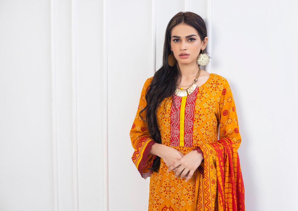 Erum Misha Printed Lawn Collection Orange Suit-Set