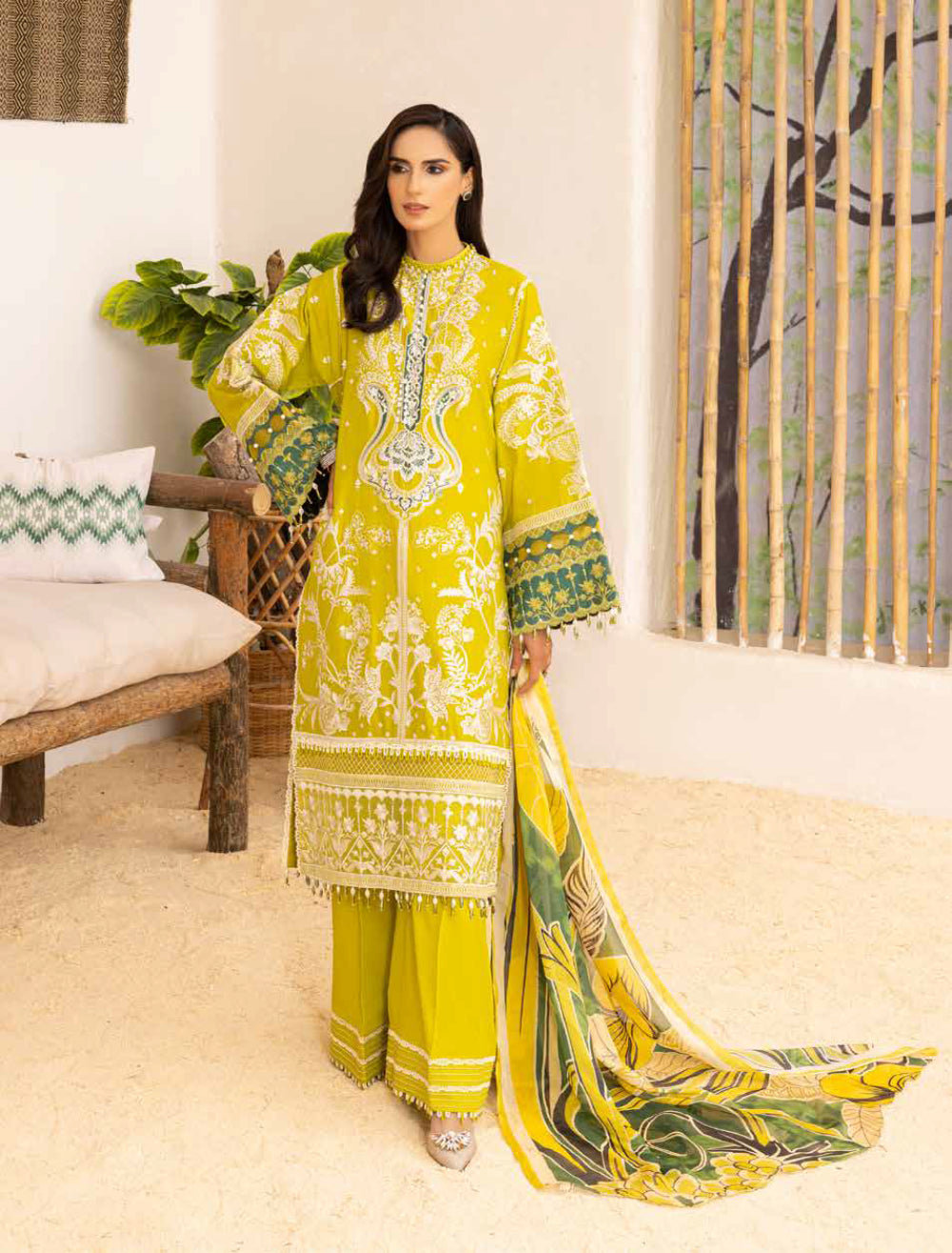Adan's Libas Muzayyan Unstitched Lawn Collection 2023 – Lime Green Suit Set