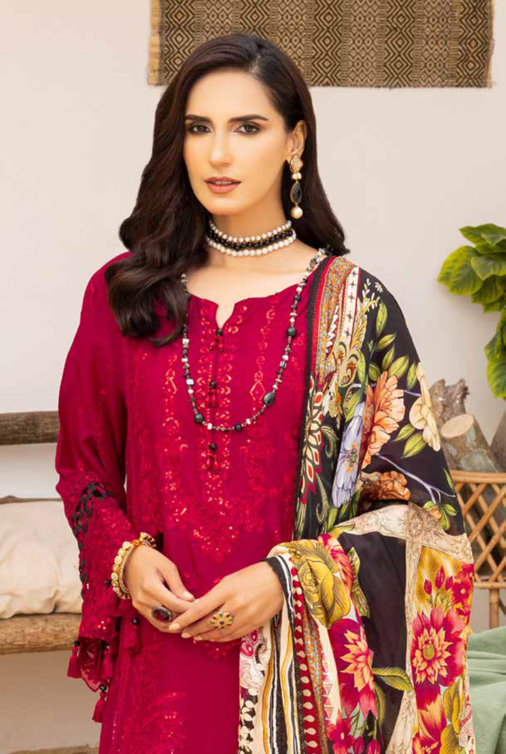 Adan's Libas Muzayyan Unstitched Lawn Collection 2023 – Red Suit Set