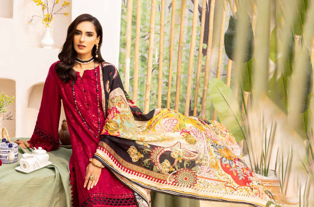 Adan's Libas Muzayyan Unstitched Lawn Collection 2023 – Red Suit Set