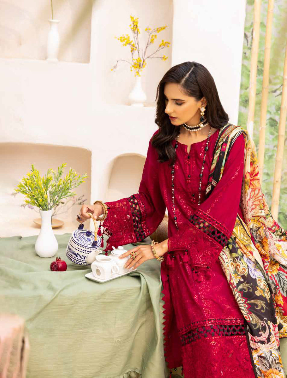 Adan's Libas Muzayyan Unstitched Lawn Collection 2023 – Red Suit Set