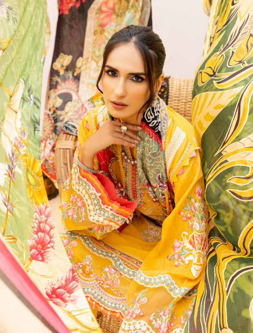 Adan's Libas Muzayyan Unstitched Lawn Collection 2023 – Yellow Suit Set