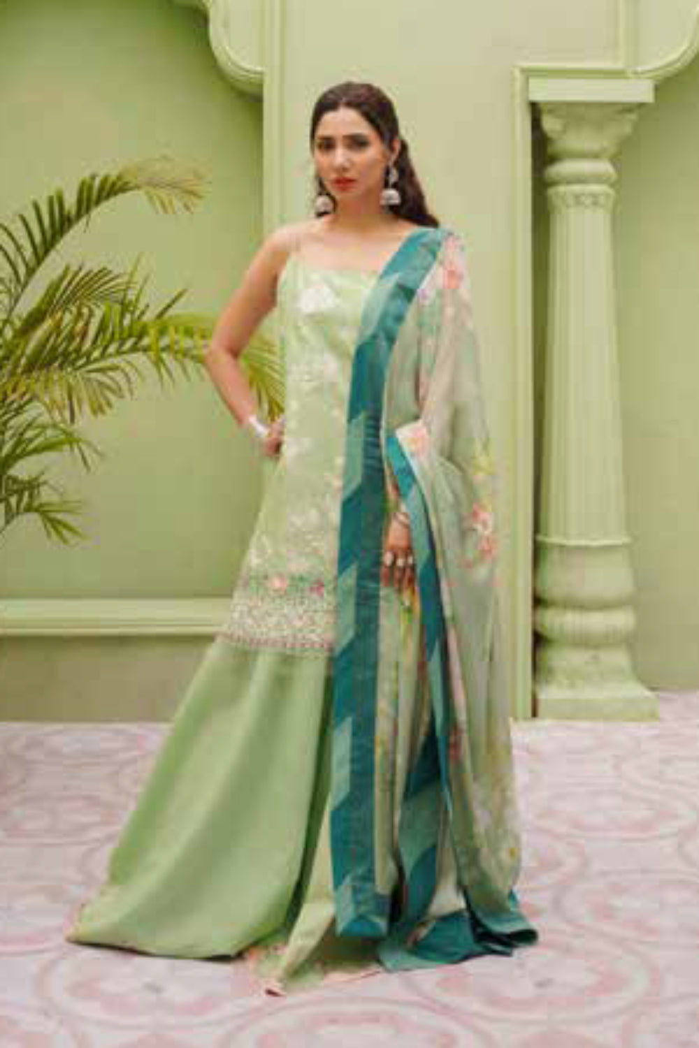 Zara Shahjahan S/S Luxury Lawn 23 Collection - Pista Green Sharara Set Zara Shahjahan S/S Luxury Lawn 23 Collection - Pista Green Sharara Set