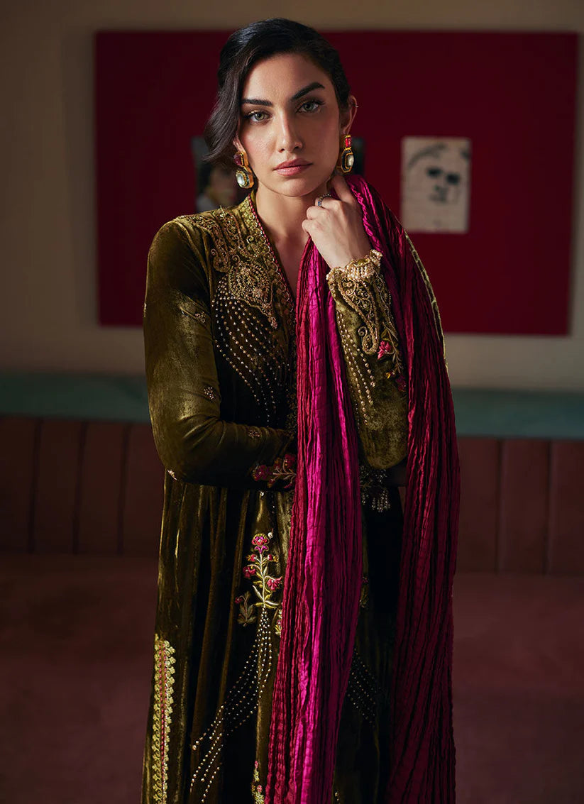 Shahd Olive Shirt And Dupatta | Velvet | FARAH TALIB AZIZ