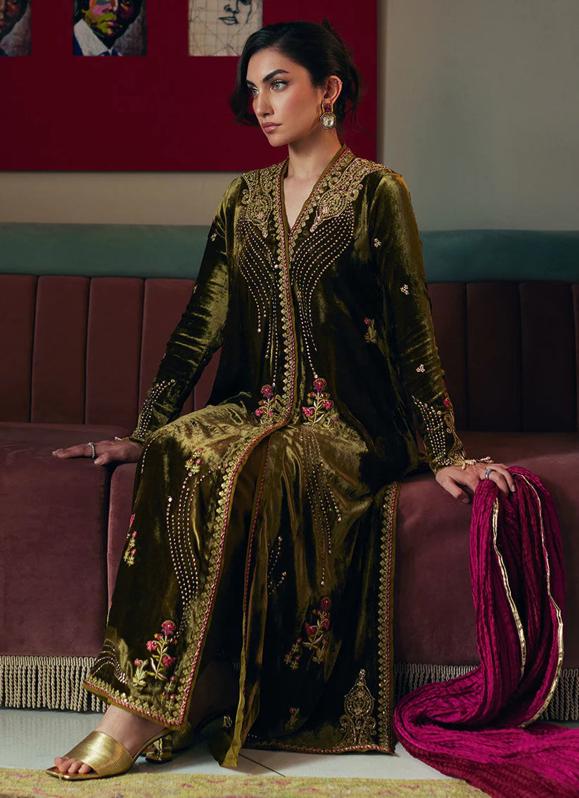 Shahd Olive Shirt And Dupatta | Velvet | FARAH TALIB AZIZ