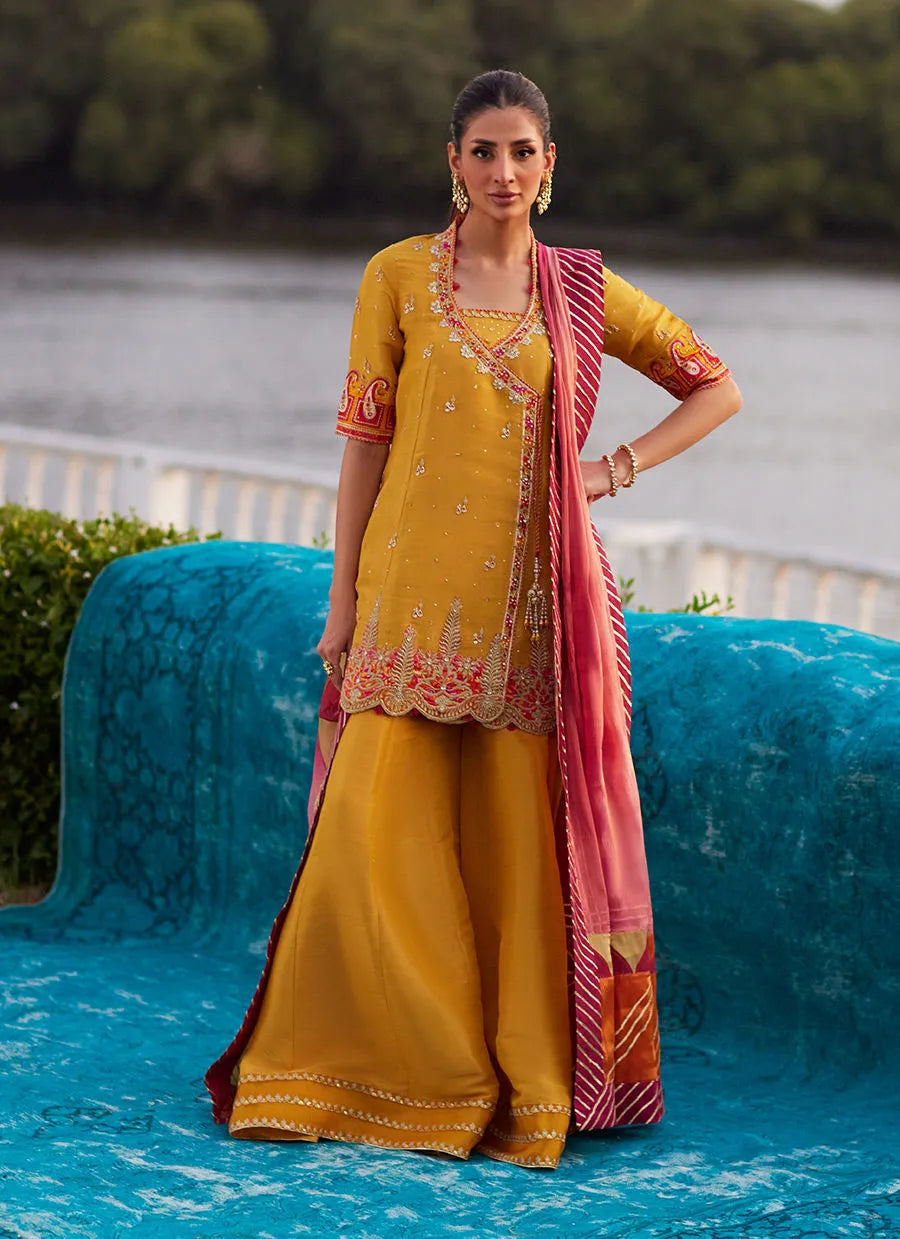 Farah Talib Aziz Mayna Festive Luxe Pret '25 - Henna Saffron Angharkha And Dupatta