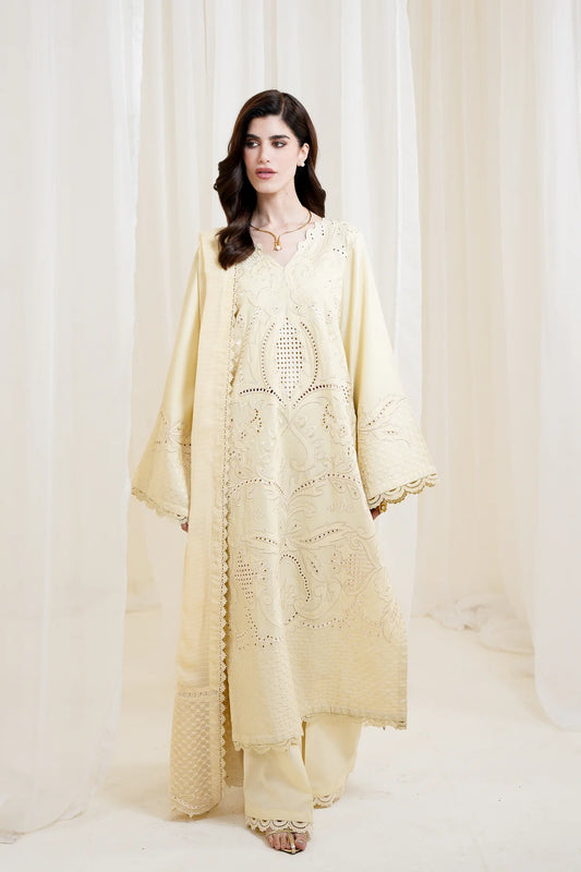 Zaib SS Eid Pret '25- BUTTER YELLOW LUXURY EMBROIDERED 3PCS SET NPA3-25420