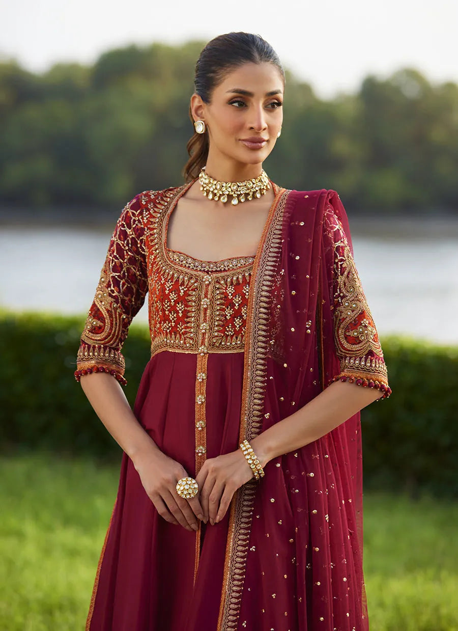 Farah Talib Aziz Mayna Festive Luxe Pret '25 - Anarq Crimson Kalidaar And Dupatta